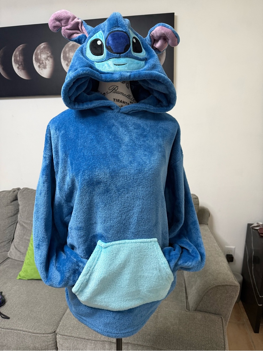 Blue Stitch Character Plush Hoodie with Light Blue Pocket